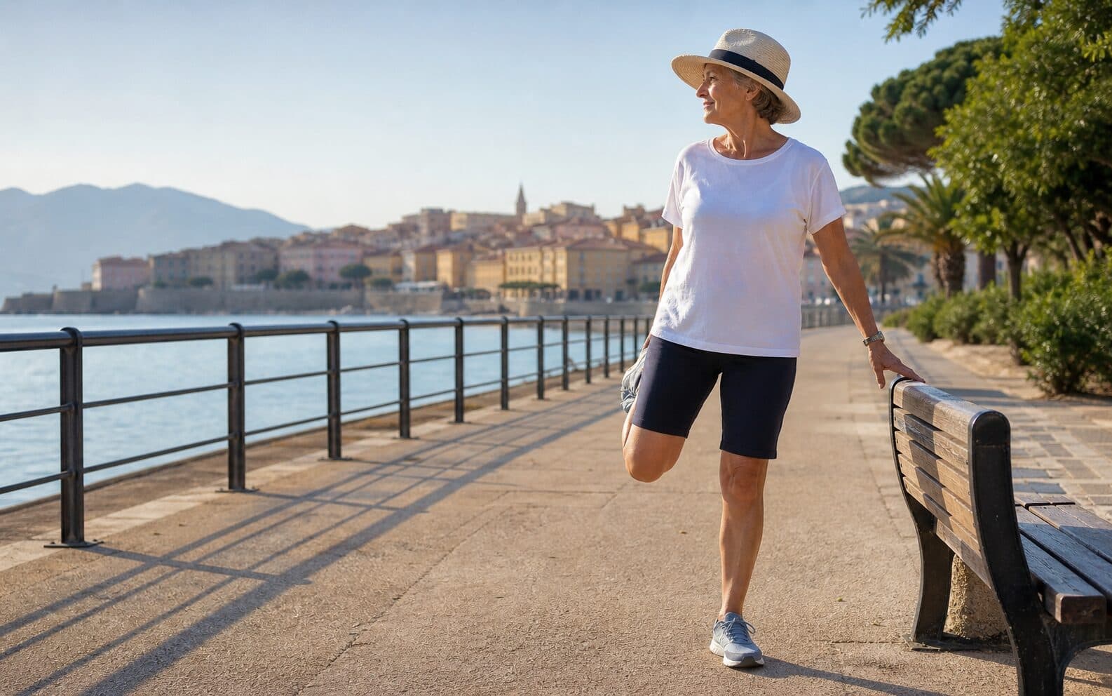Senior active qui s'étire doucement sur une promenade en bord de mer à Ajaccio