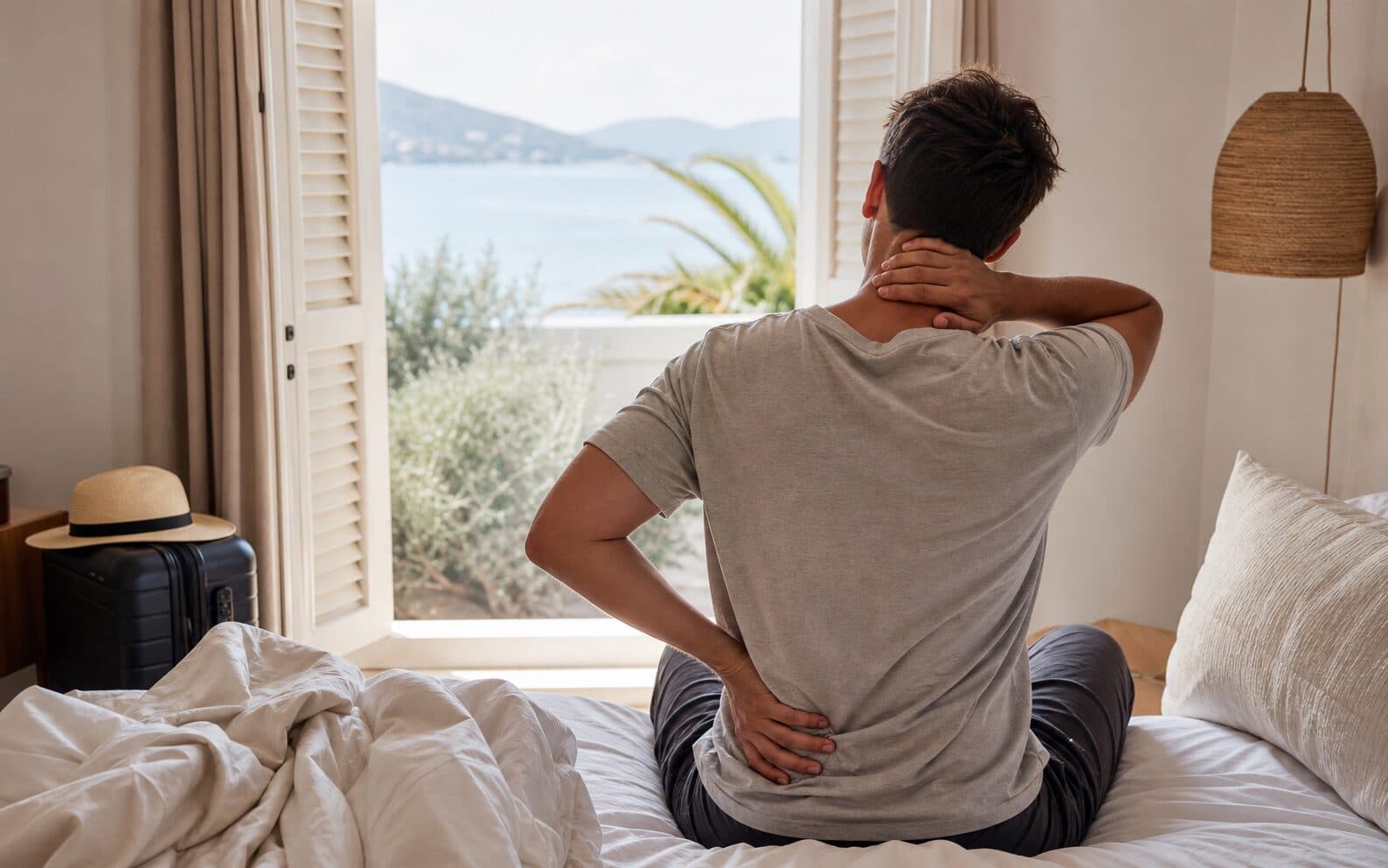 Homme assis au bord d'un lit de vacances avec une main sur la nuque et l'autre sur le bas du dos