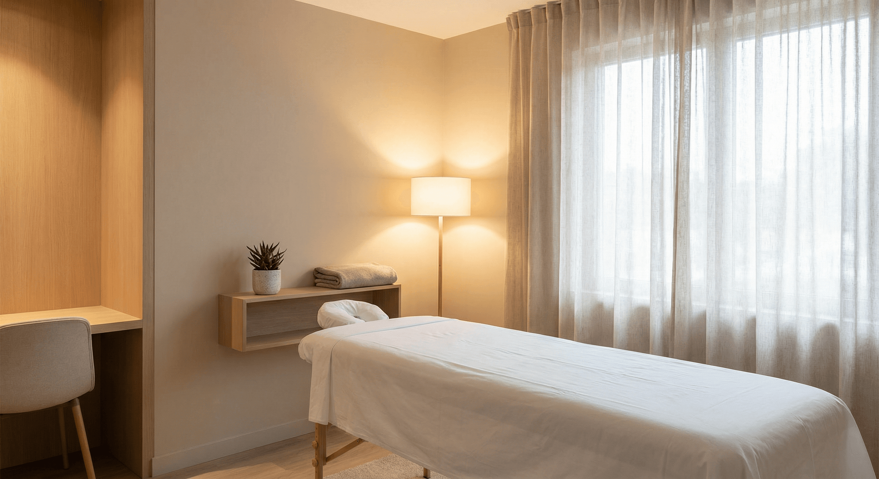 Salle de consultation d'ostéopathie prête à accueillir un patient, ambiance calme et chaleureuse