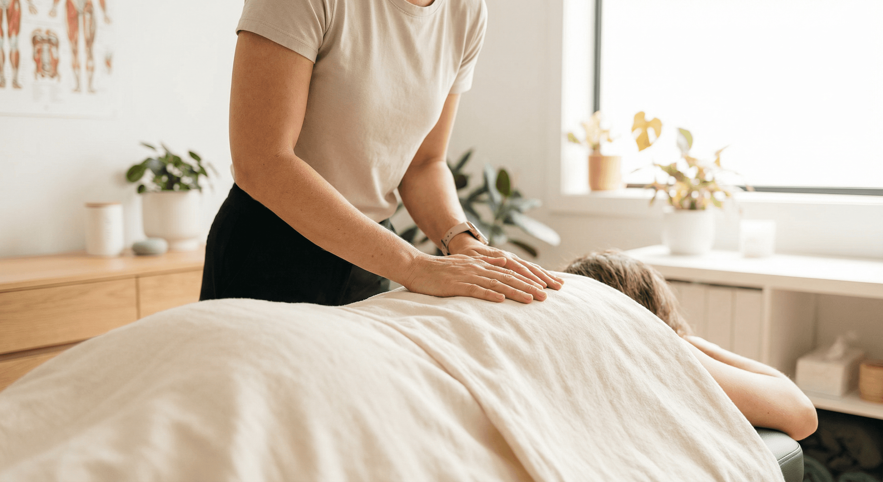 Mains d'ostéopathe pratiquant un soin manuel doux sur le dos d'un patient dans un cabinet lumineux