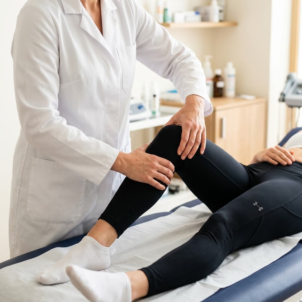 Ostéopathe traitant la jambe d'un sportif sur une table d'examen