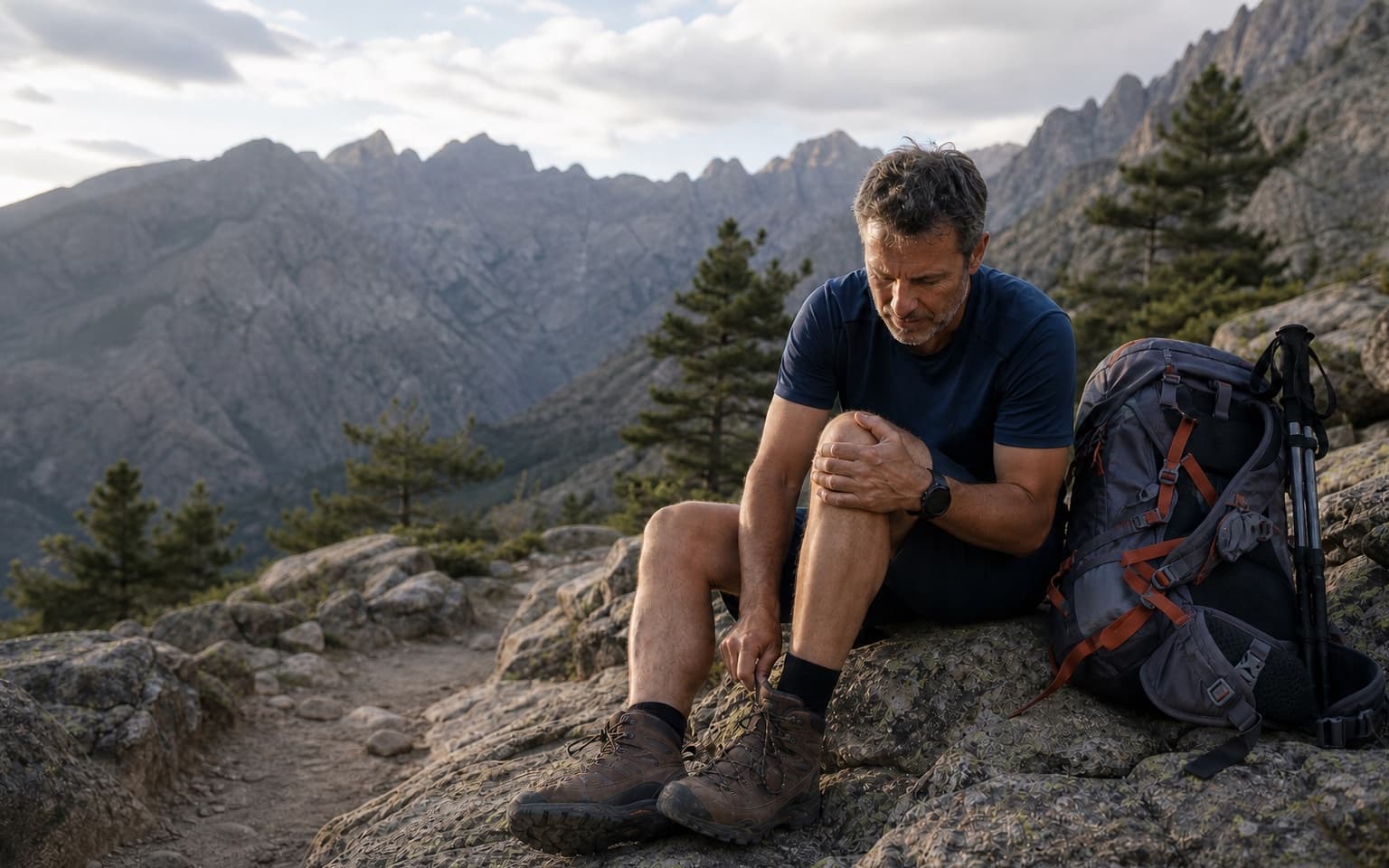 Randonneur expérimenté évaluant son genou lors d'une pause sur un sentier montagneux corse