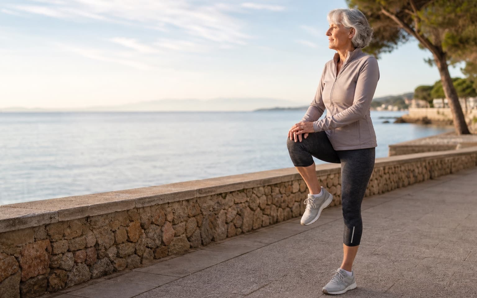 Femme senior active mobilisant doucement son genou sur le littoral d’Ajaccio