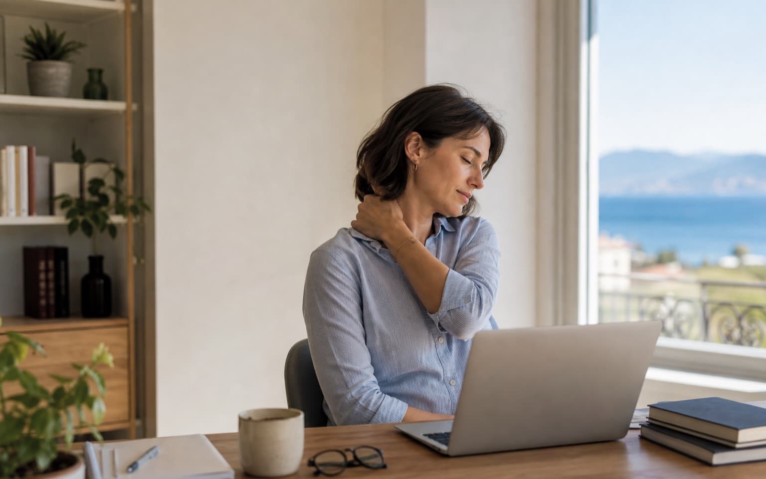 Femme au travail relâchant doucement son cou devant un ordinateur à Ajaccio