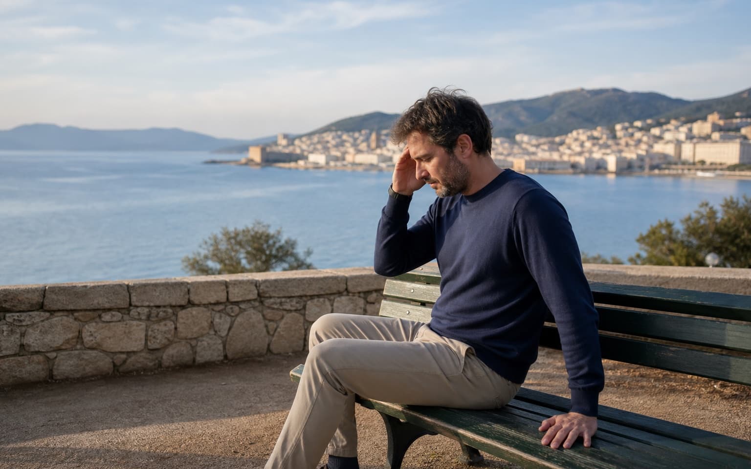 Homme assis en sécurité face au golfe d’Ajaccio pendant une sensation vertigineuse